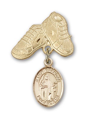 Pin Badge with St. Brendan the Navigator Charm and Baby Boots Pin - 14K Solid Gold