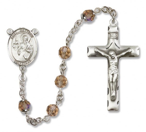 St. Matthew the Apostle Sterling Silver Heirloom Rosary Squared Crucifix - Topaz