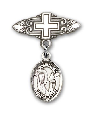 Pin Badge with Our Lady Star of the Sea Charm and Badge Pin with Cross - Silver tone