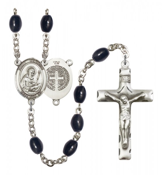 Men's Our Lady of Mount Carmel Silver Plated Rosary - Black Oval