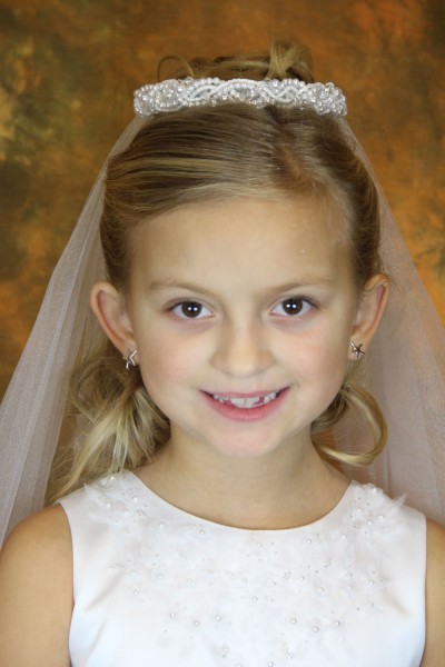 First Communion Veil with Pearl Wreath Bun Wrap - White