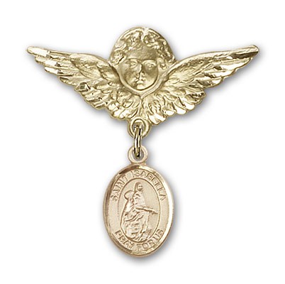 Pin Badge with St. Isabella of Portugal Charm and Angel with Larger Wings Badge Pin - Gold Tone
