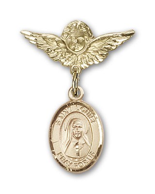 Pin Badge with St. Louise de Marillac Charm and Angel with Smaller Wings Badge Pin - 14K Solid Gold