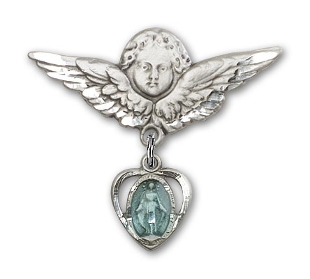 Pin Badge with Miraculous Charm and Angel with Larger Wings Badge Pin - Silver | Blue