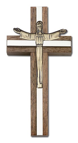 Contemporary Risen Christ Wall Cross in Walnut and Metal Inlay 4&quot; - Two-Tone Silver