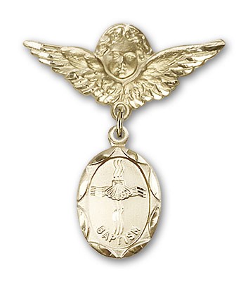 Baby Pin with Baptism Charm and Angel with Larger Wings Badge Pin - 14K Solid Gold