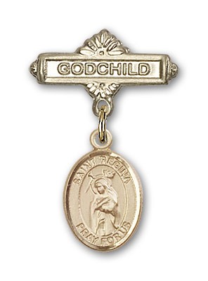 Pin Badge with St. Regina Charm and Godchild Badge Pin - Gold Tone