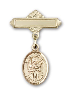 Pin Badge with St. Agatha Charm and Polished Engravable Badge Pin - 14K Solid Gold