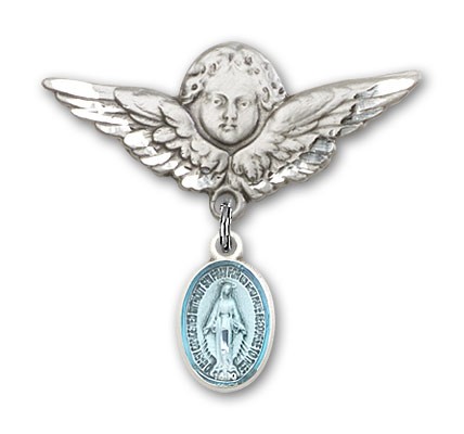 Baby Pin with Miraculous Charm and Angel with Larger Wings Badge Pin - Silver | Blue