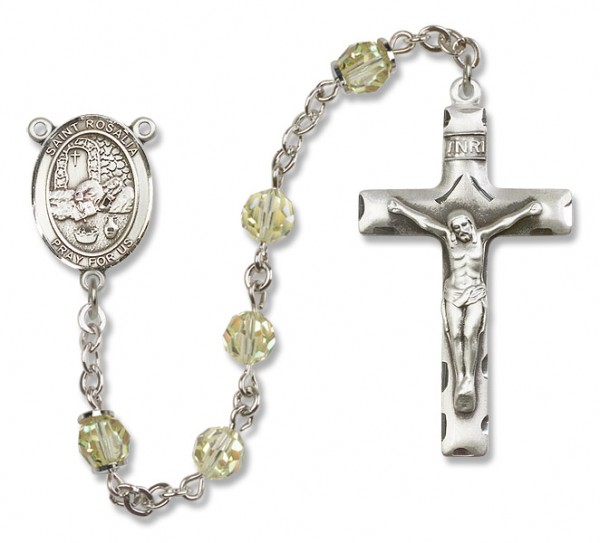 St. Rosalia Sterling Silver Heirloom Rosary Squared Crucifix - Zircon
