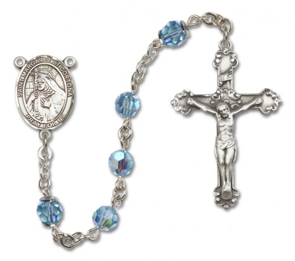 St. Margaret of Cortona Sterling Silver Heirloom Rosary Fancy Crucifix - Aqua
