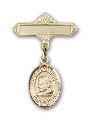 Pin Badge with St. John Bosco Charm and Polished Engravable Badge Pin - 14K Solid Gold