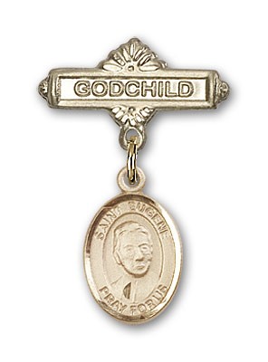 Pin Badge with St. Eugene de Mazenod Charm and Godchild Badge Pin - 14K Solid Gold