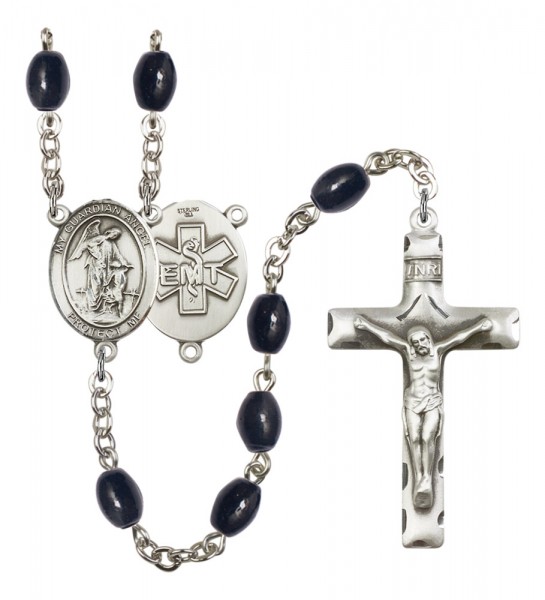 Men's Guardian Angel EMT Silver Plated Rosary - Black Oval
