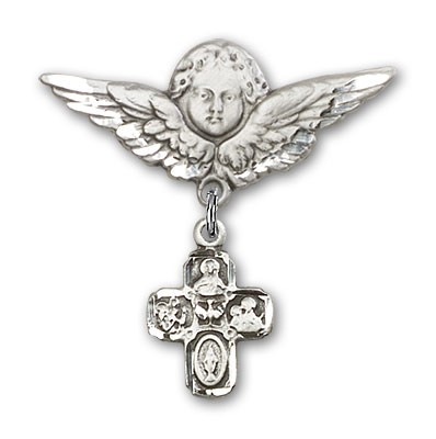 Pin Badge with 4-Way Charm and Angel with Larger Wings Badge Pin - Silver tone