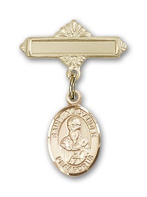 Pin Badge with St. Alexander Sauli Charm and Polished Engravable Badge Pin - Gold Tone