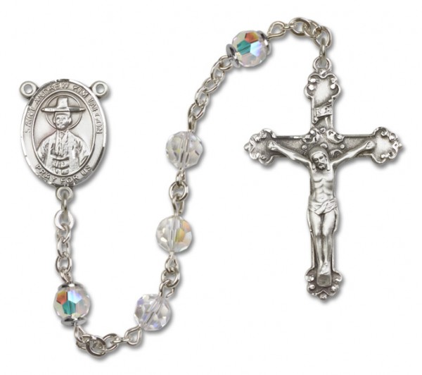 St. Andrew Kim Taegon Sterling Silver Heirloom Rosary Fancy Crucifix - Crystal