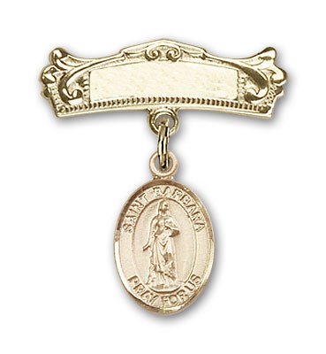 Pin Badge with St. Barbara Charm and Arched Polished Engravable Badge Pin - 14K Solid Gold