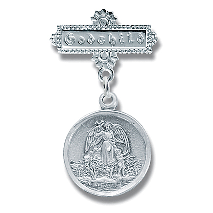Godchild Baby Pin with Round Guardian Angel Pendant - Sterling Silver