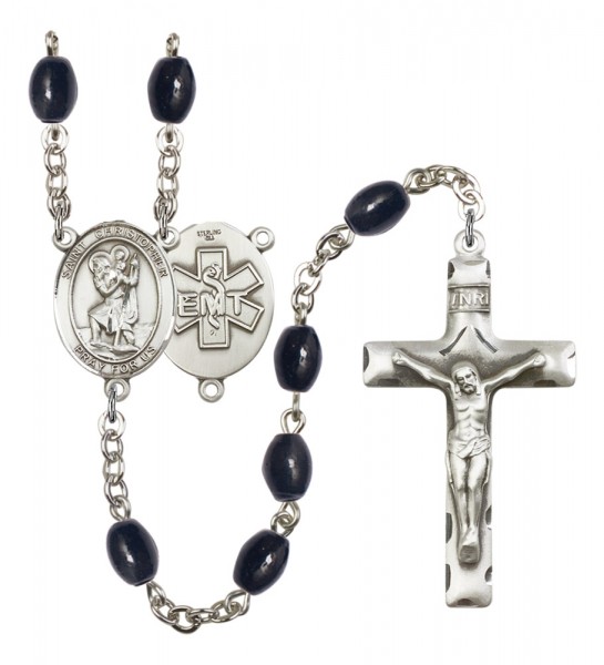 Men's St. Christopher EMT Silver Plated Rosary - Black Oval