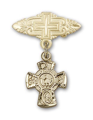 Pin Badge with Red 5-Way Charm and Badge Pin with Cross - 14K Solid Gold