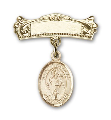 Pin Badge with St. Nicholas Charm and Arched Polished Engravable Badge Pin - Gold Tone