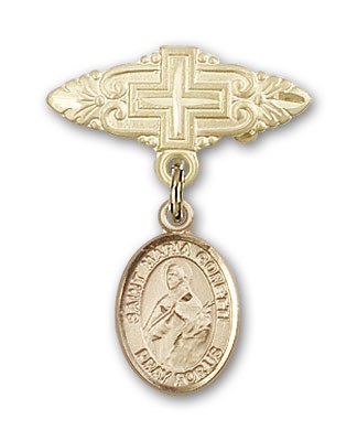 Pin Badge with St. Maria Goretti Charm and Badge Pin with Cross - 14K Solid Gold