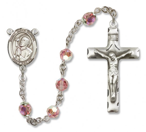 St. Rene Goupil Sterling Silver Heirloom Rosary Squared Crucifix - Light Rose