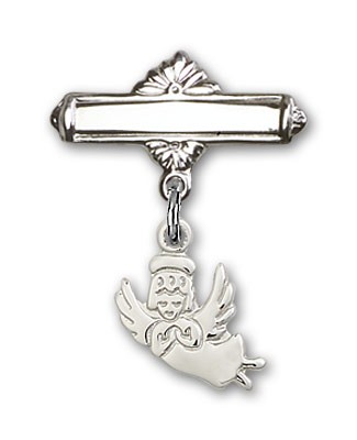 Baby Pin with Guardian Angel Charm and Polished Engravable Badge Pin - Silver tone