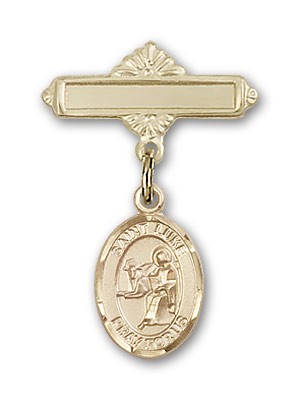 Pin Badge with St. Luke the Apostle Charm and Polished Engravable Badge Pin - 14K Solid Gold