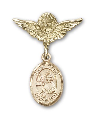 Pin Badge with St. Mark the Evangelist Charm and Angel with Smaller Wings Badge Pin - 14K Solid Gold