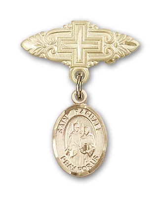 Pin Badge with St. Raphael the Archangel Charm and Badge Pin with Cross - Gold Tone