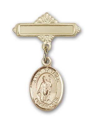 Pin Badge with St. Patrick Charm and Polished Engravable Badge Pin - Gold Tone