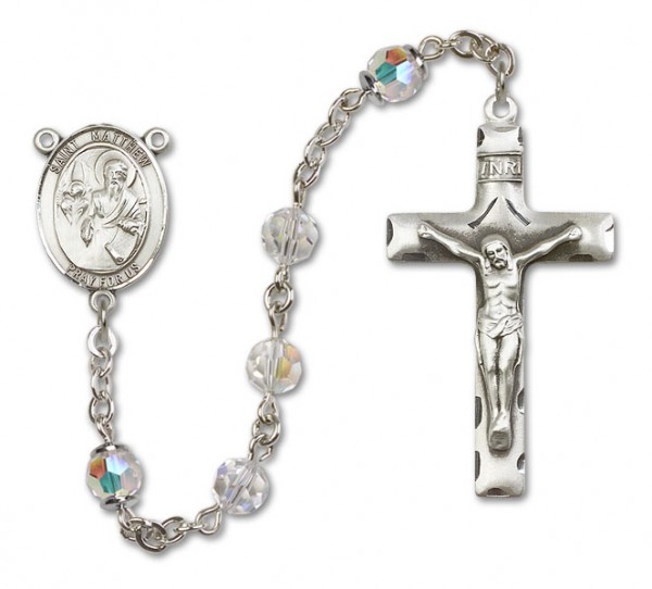 St. Matthew the Apostle Sterling Silver Heirloom Rosary Squared Crucifix - Crystal