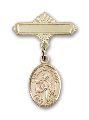 Pin Badge with St. Januarius Charm and Polished Engravable Badge Pin - Gold Tone