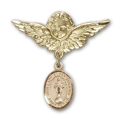 Pin Badge with Our Lady of All Nations Charm and Angel with Larger Wings Badge Pin - 14K Solid Gold
