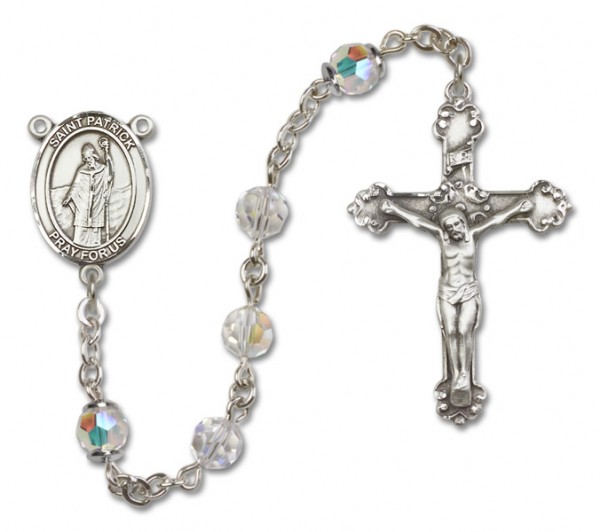 St. Patrick Sterling Silver Heirloom Rosary Fancy Crucifix - Crystal