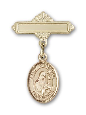 Pin Badge with St. Gertrude of Nivelles Charm and Polished Engravable Badge Pin - Gold Tone