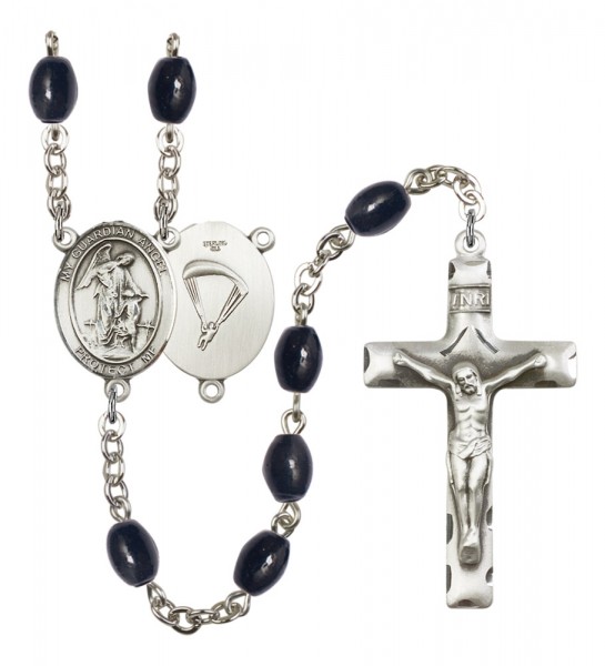 Men's Guardian Angel Paratrooper Silver Plated Rosary - Black Oval