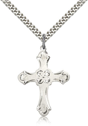 Women's Budded Edge Floral Center Cross Pendant - Sterling Silver