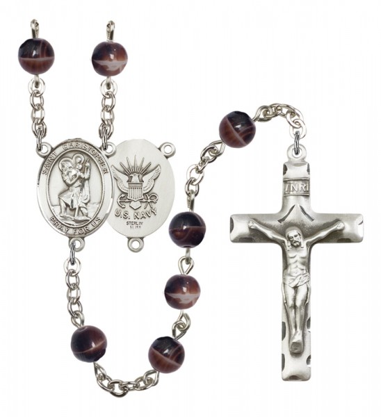 Men's St. Christopher Navy Silver Plated Rosary - Brown