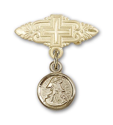 Baby Pin with Guardian Angel Charm and Badge Pin with Cross - Gold Tone
