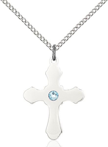 Medium High Polished Soft Edge Cross Pendant with Birthstone Options - Aqua