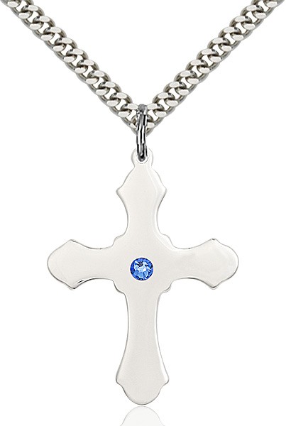 Large High Polished Soft Edge Cross Pendant with Birthstone Options - Sapphire