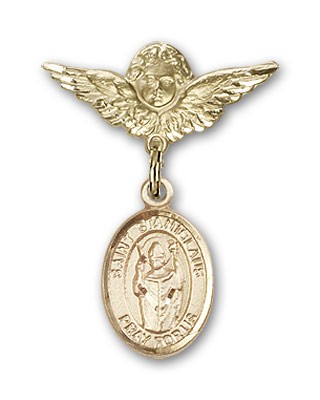 Pin Badge with St. Stanislaus Charm and Angel with Smaller Wings Badge Pin - 14K Solid Gold