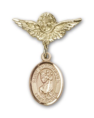 Pin Badge with St. Christopher Charm and Angel with Smaller Wings Badge Pin - 14K Solid Gold