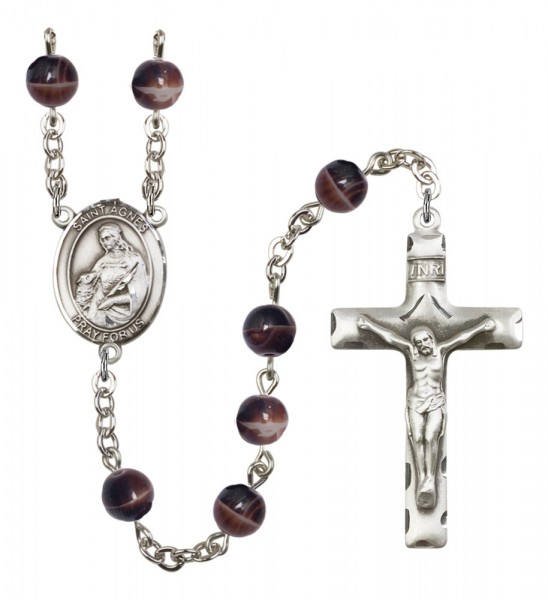 Men's St. Agnes of Rome Silver Plated Rosary - Brown