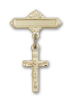 Pin Badge with Crucifix Charm and Polished Engravable Badge Pin - 14K Solid Gold