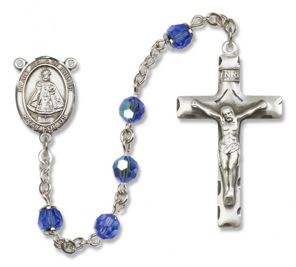 Infant of Prague Sterling Silver Heirloom Rosary Squared Crucifix - Sapphire