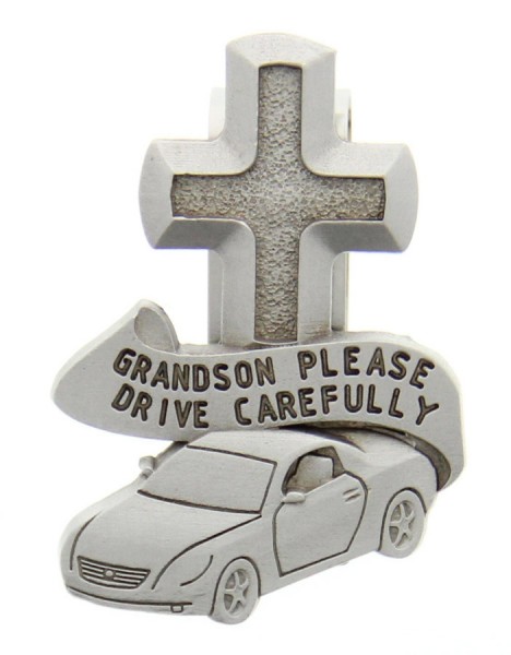 Grandson Please Drive Carefully Visor Clip, Pewter - 2 1/2&quot;H - Silver